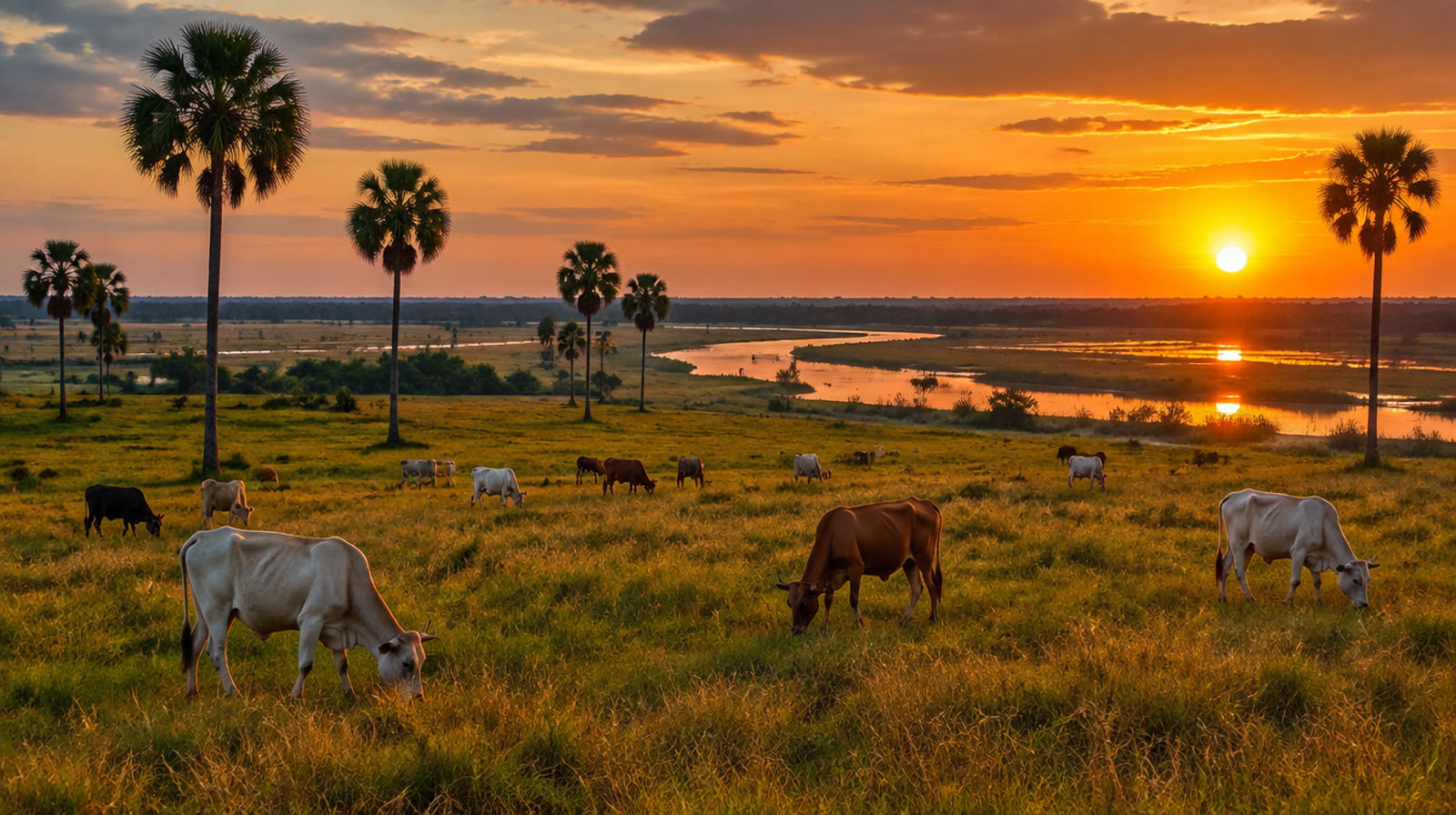 Cattle grazing on the Llanos savanna of Barinas at sunset