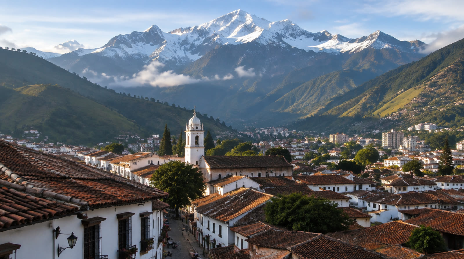 Colonial rooftops of Mérida with the snow-capped Sierra Nevada in the Venezuelan Andes