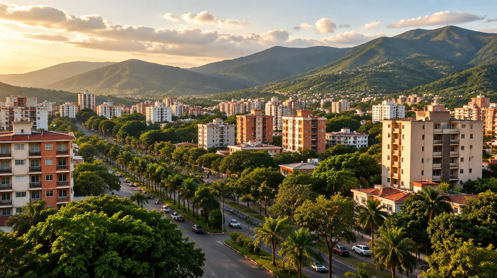 Apartment buildings and tree-lined avenues in Valencia, Carabobo, with green hills behind